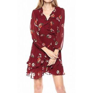 ASTR The Label Sz S‎ Wrap Mini Dress Burgundy Floral Ruffle 3/4 Sleeve Surplice